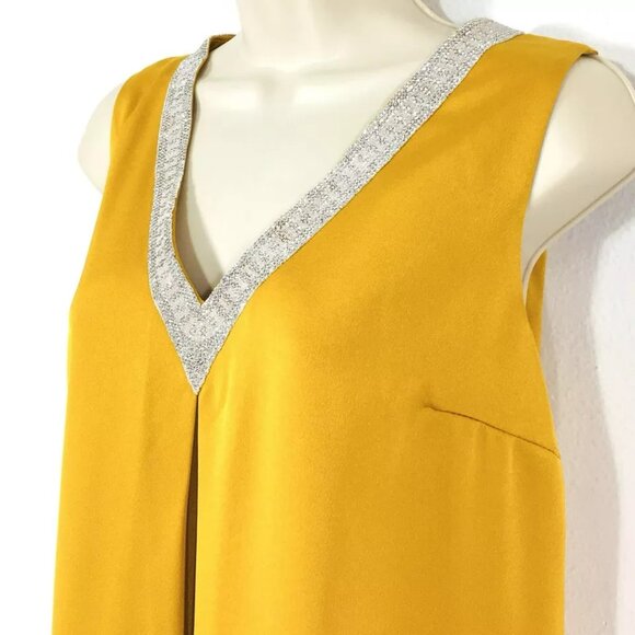 F & P Paris Marigold Satin Bejeweled Dress Sz M Open Flowing Back Panels - Picture 4 of 10